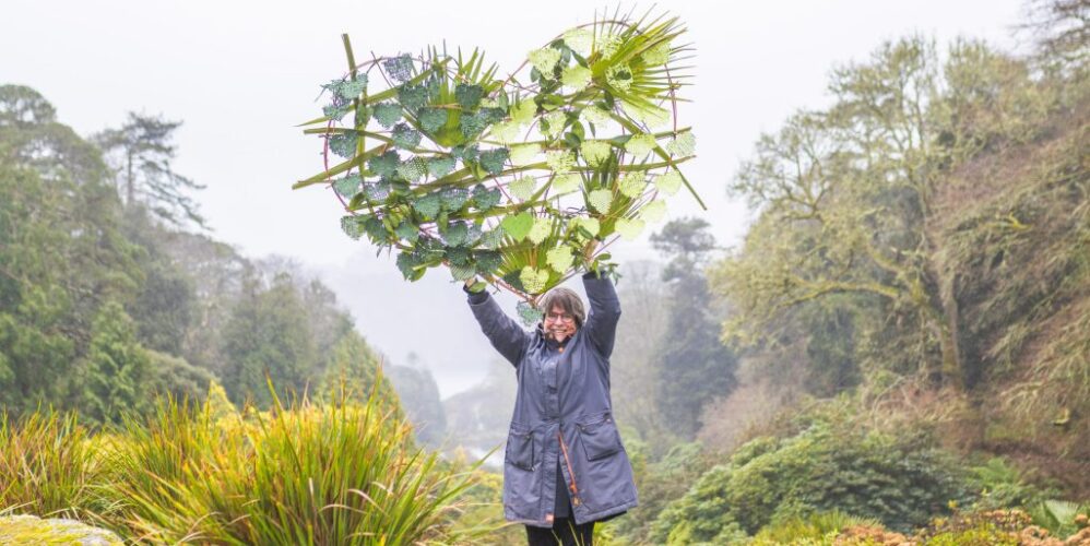 person holding up a giant heart-shape made of branches