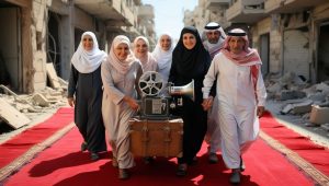 men and women pushing a film projector on a stand