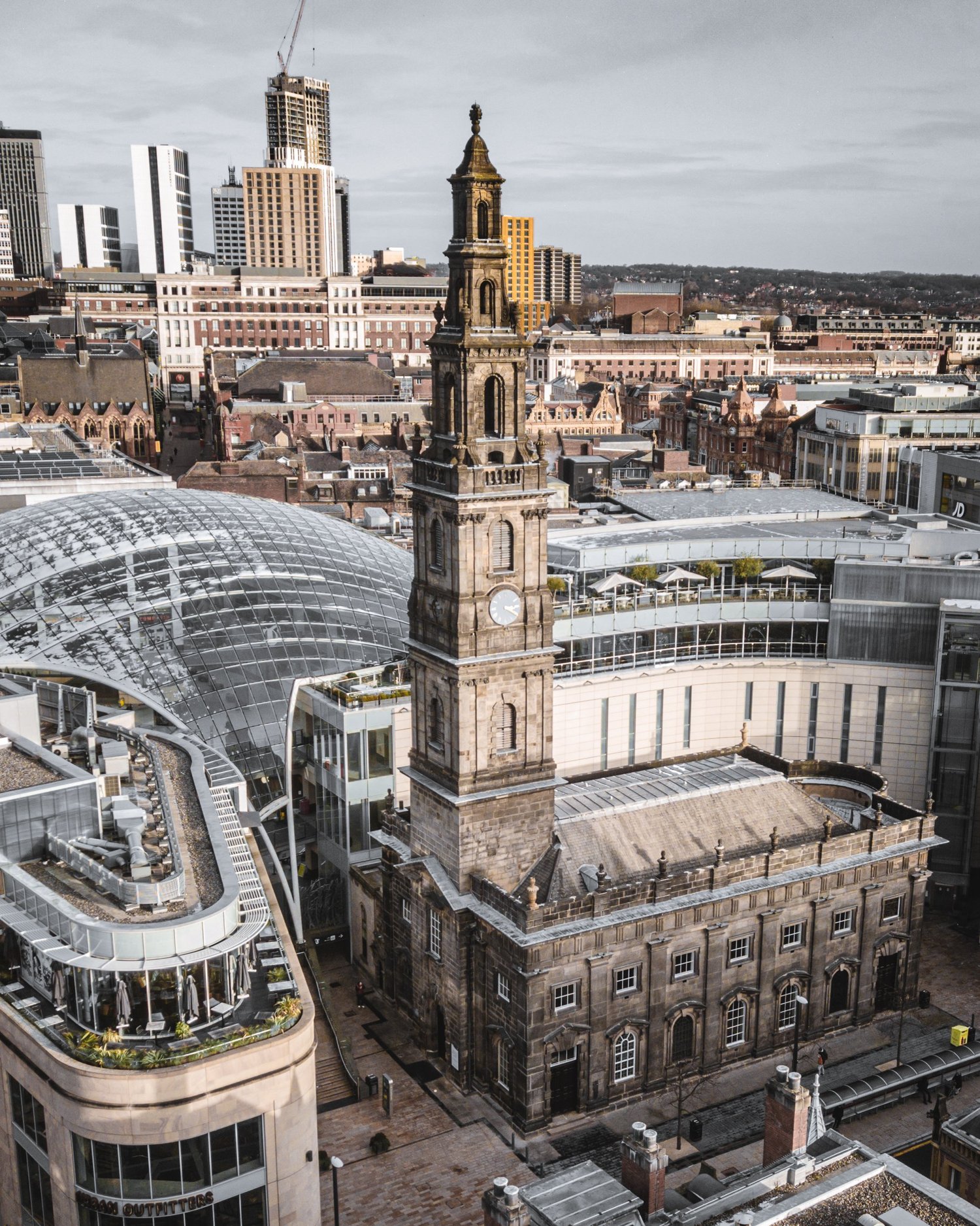 Holy Trinity Church on Boar Lane in Leeds from a drone